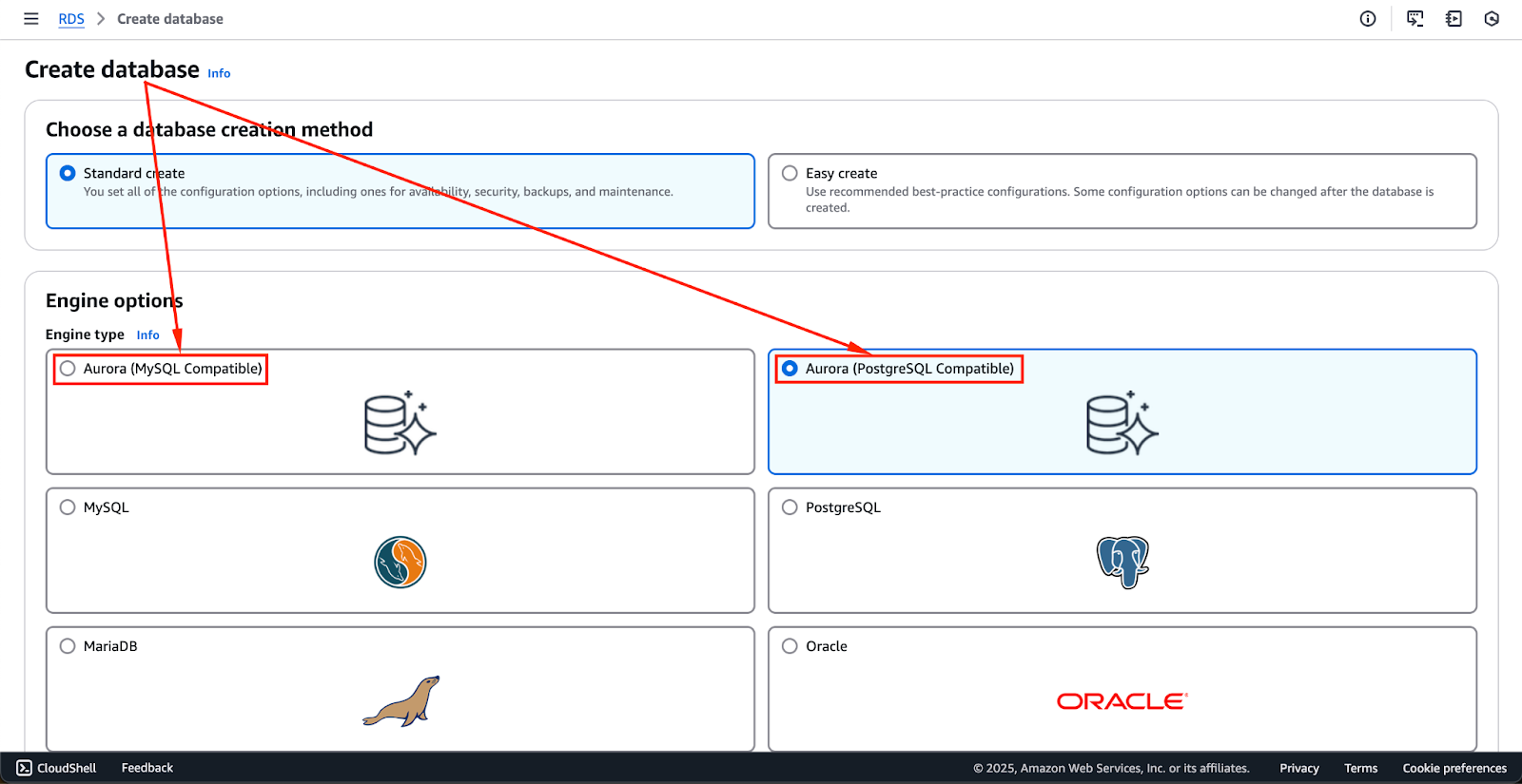 Captura de tela mostrando as opções para selecionar Amazon Aurora MySQL ou PostgreSQL como o mecanismo de banco de dados.