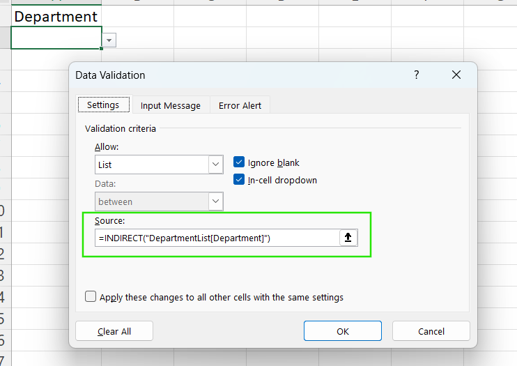 Excel INDIRECT() function