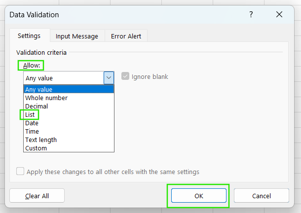 Data Validation drop-down list in Excel