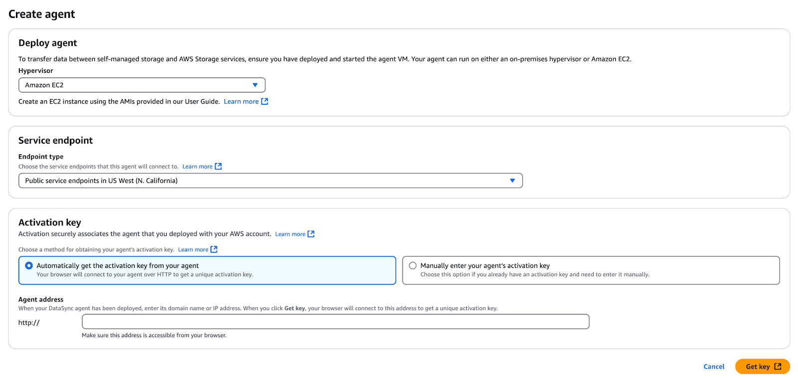 Die Abbildung zeigt den Bildschirm zum Erstellen und Aktivieren des DataSync-Agenten