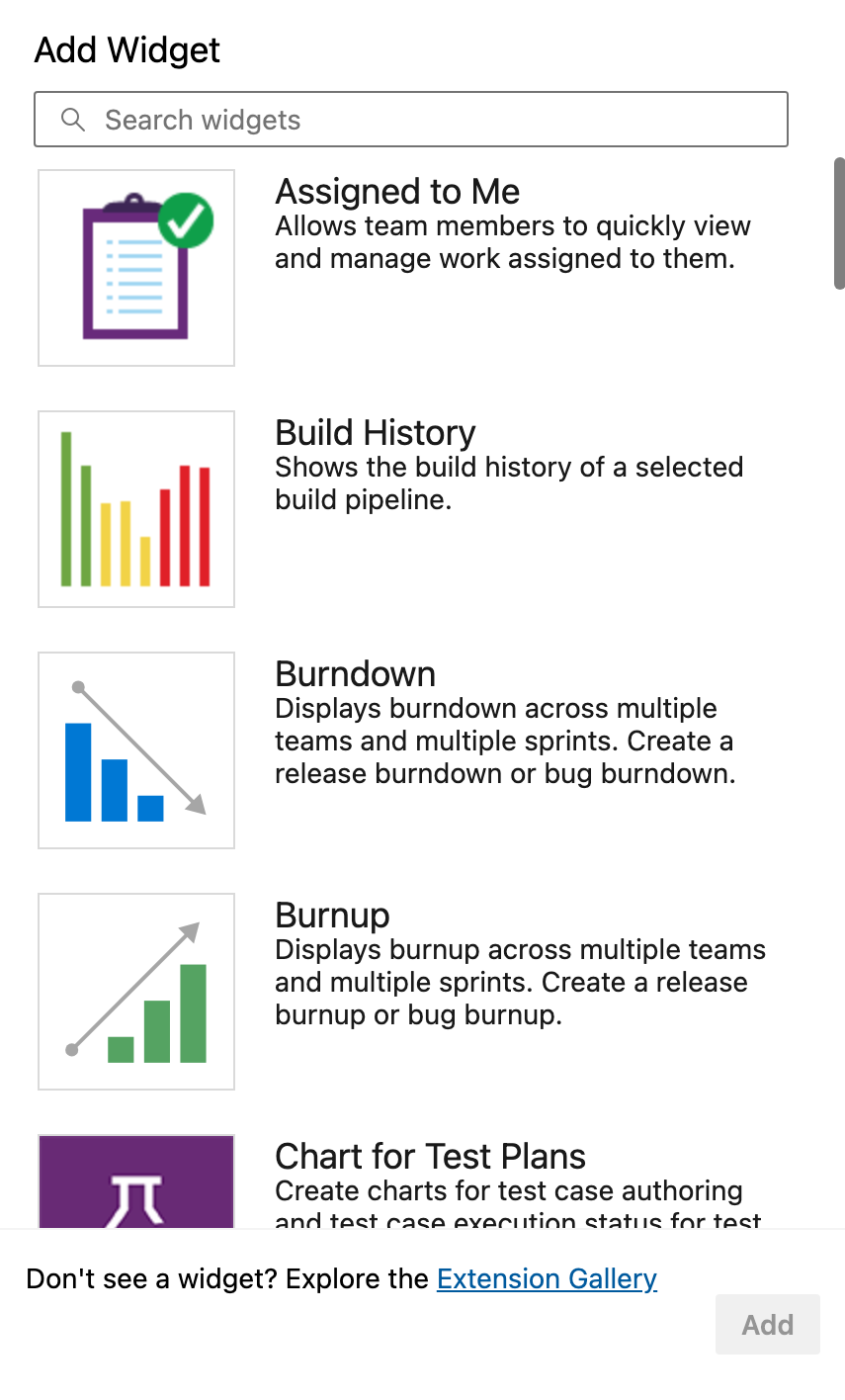 Interface Azure DevOps montrant des options pour ajouter des widgets tels que Build History, Release Pipeline Overview, et Test Results Trend.