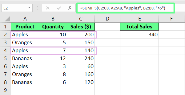 l'utilisation de SUMIFS pour additionner les ventes basées sur une condition dans Excel.