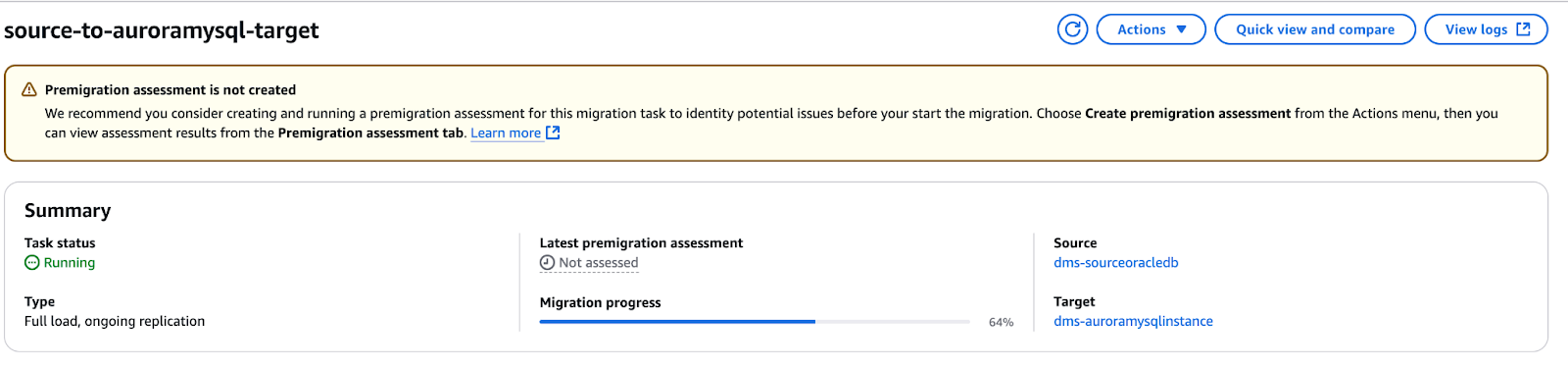 Imagen que muestra el estado de la migración de datos
