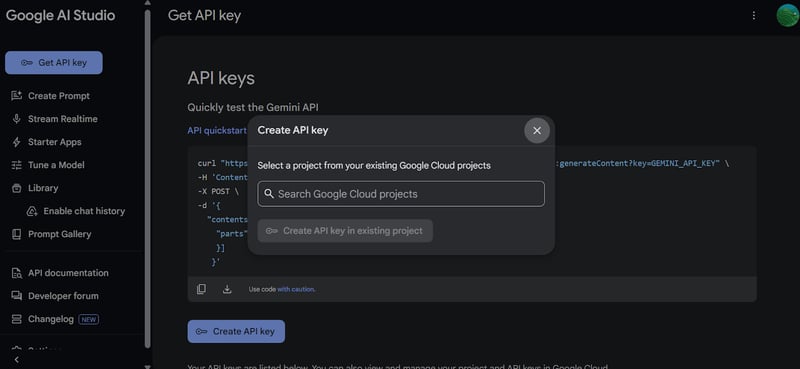 google ai studio how to create an api key