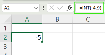 Using INT() function to round down a negative number to the nearest integer in Excel.