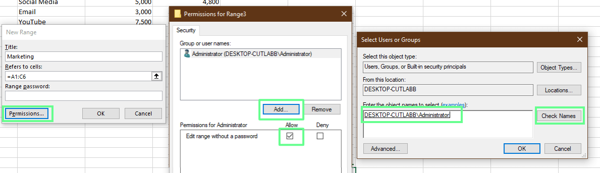 Dar permiso a personas concretas sin contraseña utilizando la opción Permitir a los usuarios editar el rango en Excel.