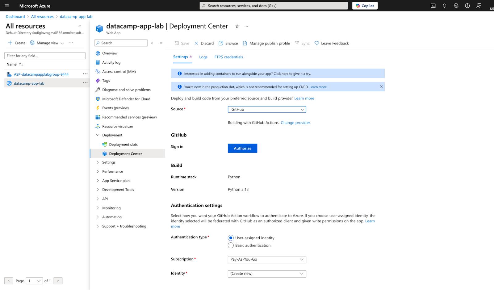 Centro de implantação no Portal do Azure.