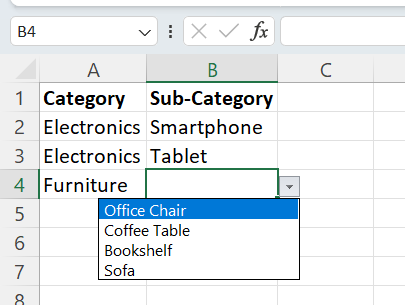 Example of dependent drop-down list in Excel.