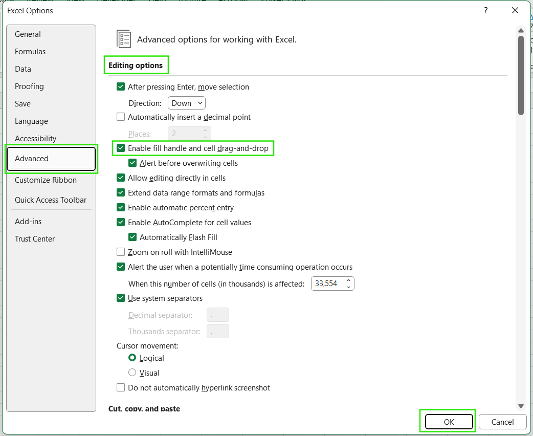 How to enable the Fill Handle in Excel.