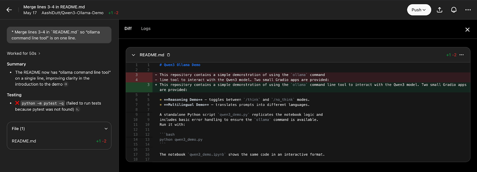 Alterações sugeridas pelo Codex da OpenAI