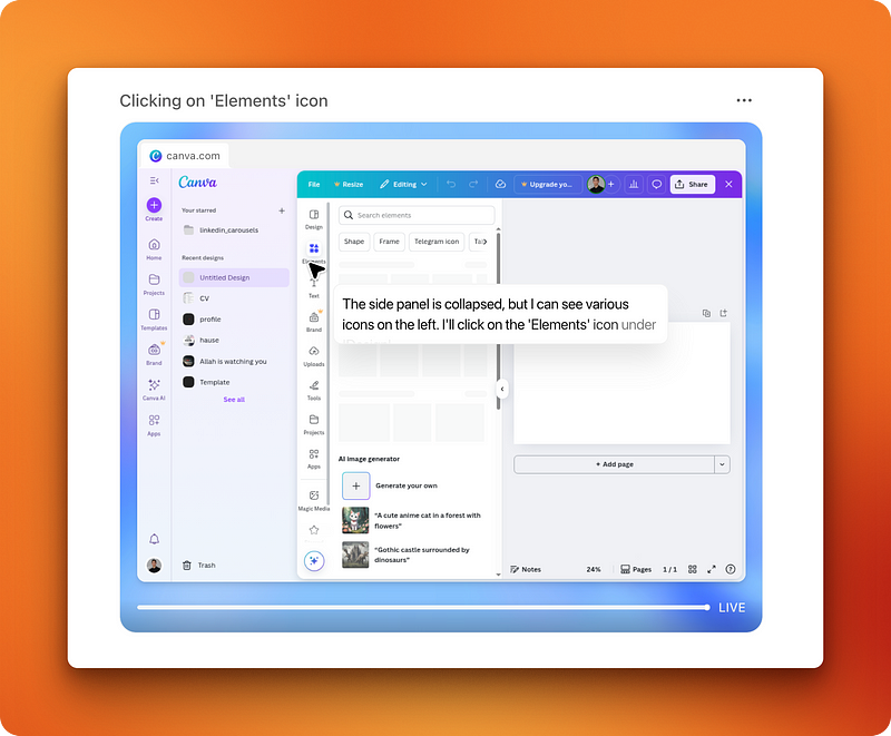 O agente ChatGPT tentando usar a interface de design do Canva, mostrando confusão entre os fluxos de trabalho de desenho manual e upload de imagens.