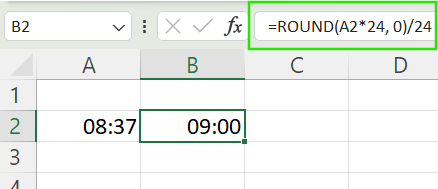 Using ROUND() function to round time to the nearest hour in time arithmetic in Excel.