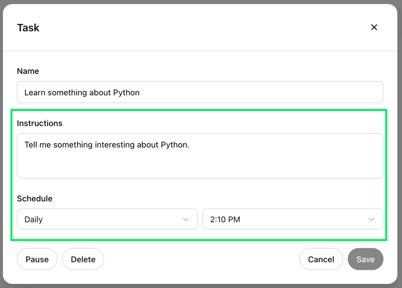 Configuring a task in chatgpt tasks