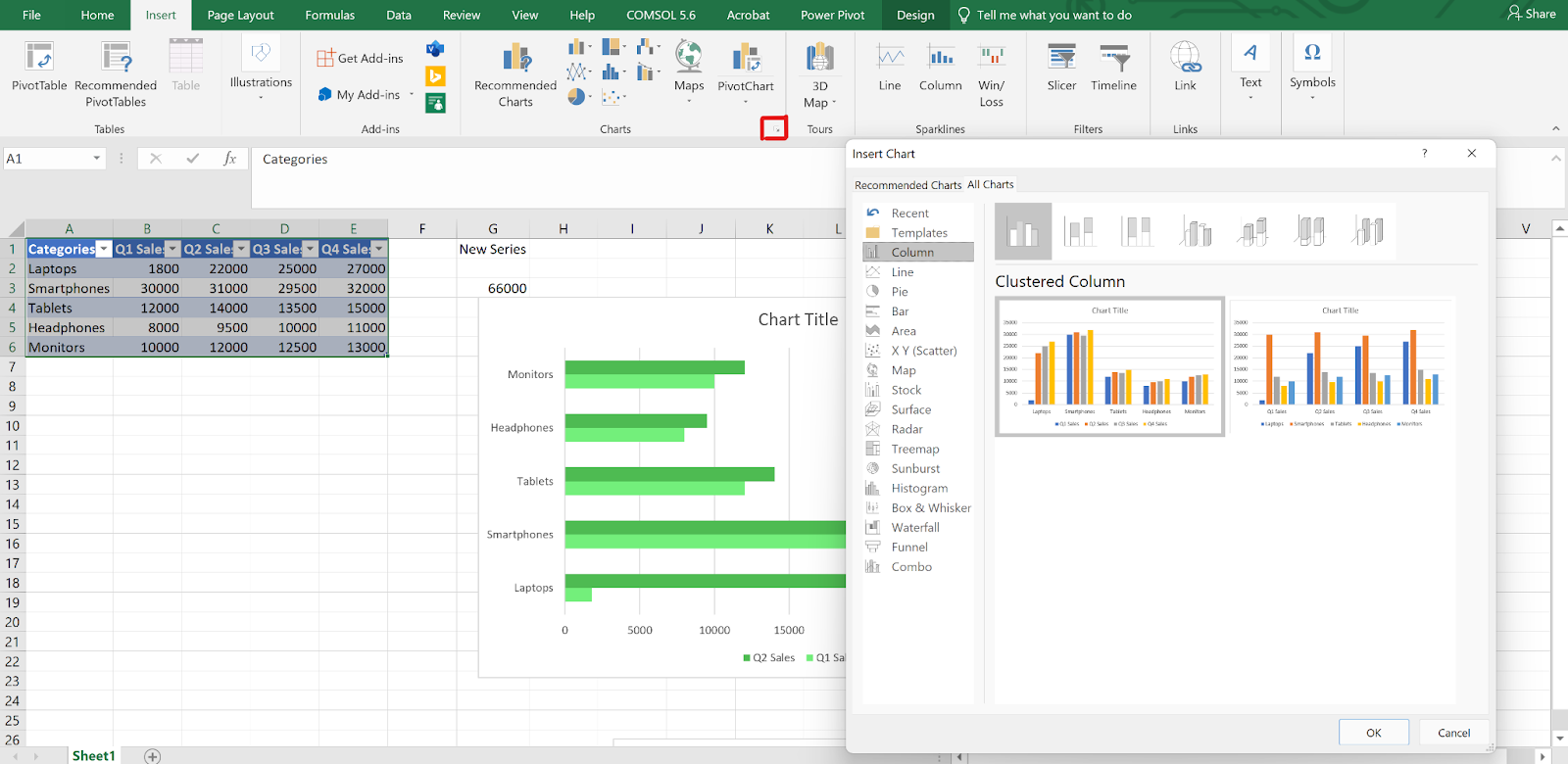 Interfaz de Excel con el cuadro de diálogo Insertar gráfico abierto, que muestra las categorías de gráficos disponibles.