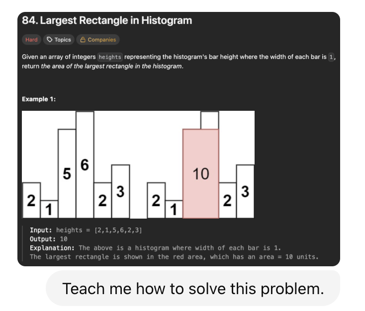 Captura de tela do prompt que usei para pedir ao ChatGPT para me ensinar como resolver um problema.