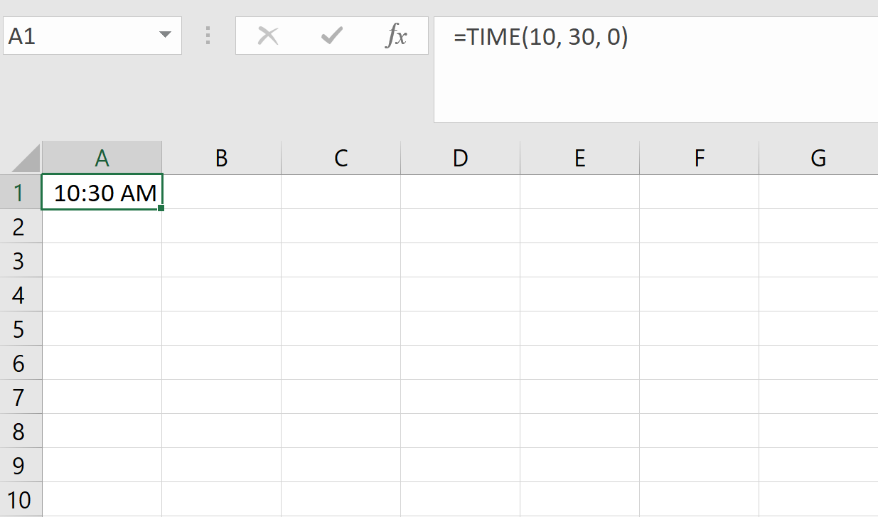 Captura de pantalla de una hoja de cálculo de Microsoft Excel que muestra la función HORA con la fórmula =HORA(10, 30, 0) en la barra de fórmulas y el valor de la hora resultante 10:30 AM mostrado en la celda A1.