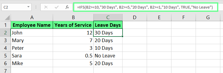 Atribua dias de férias com base nos anos de serviço usando IFS() no Excel.