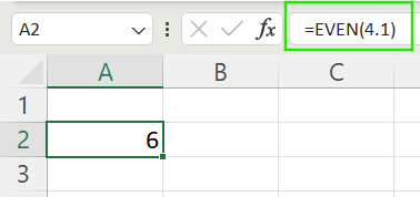 Using EVEN() function to round up a number to the nearest even number in Excel.
