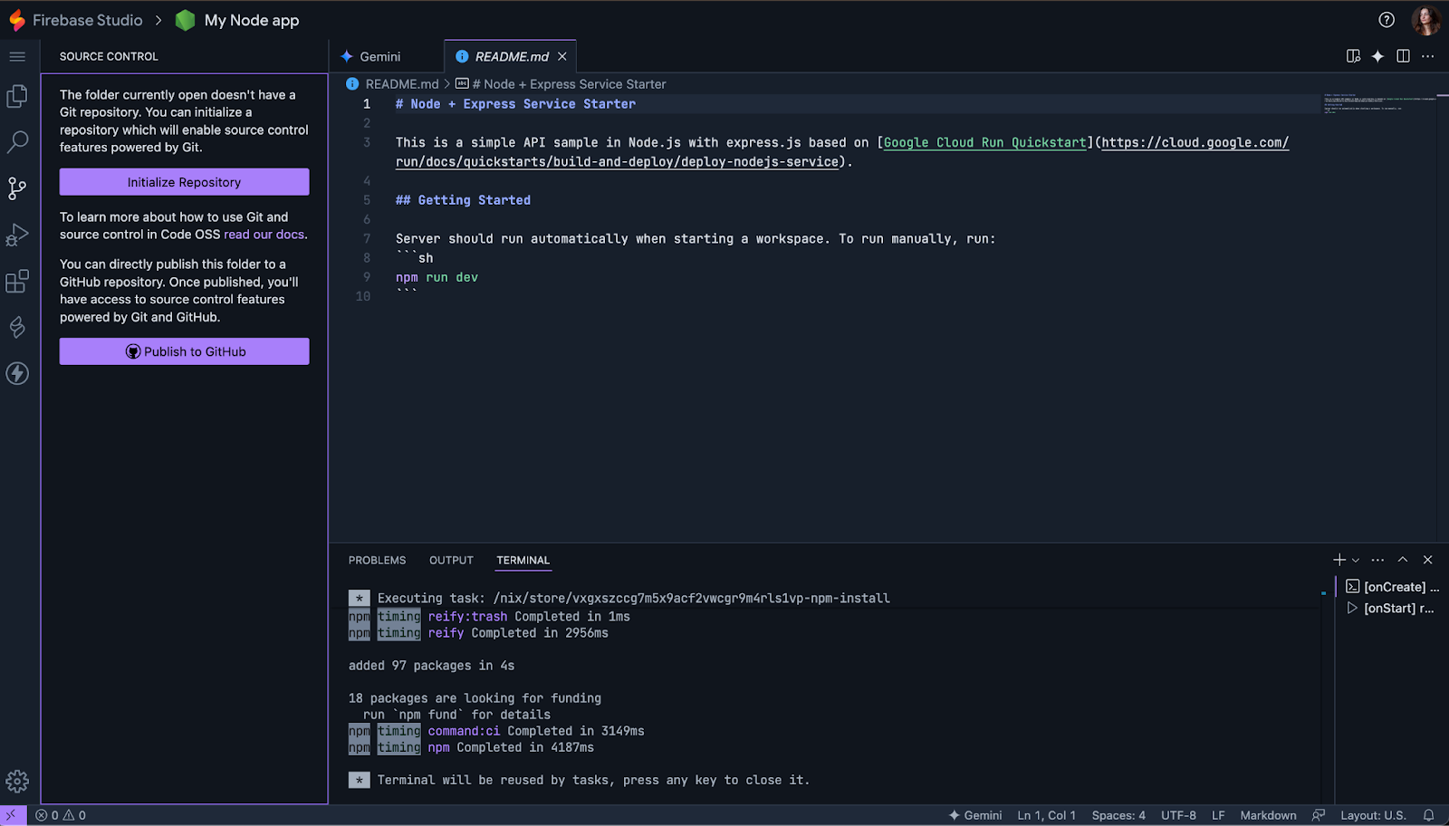 Source code panel in firebase studio
