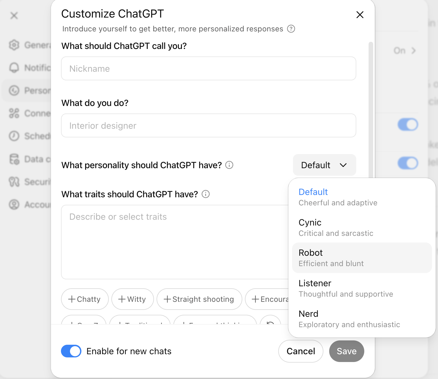 how to change chatgpt's personality