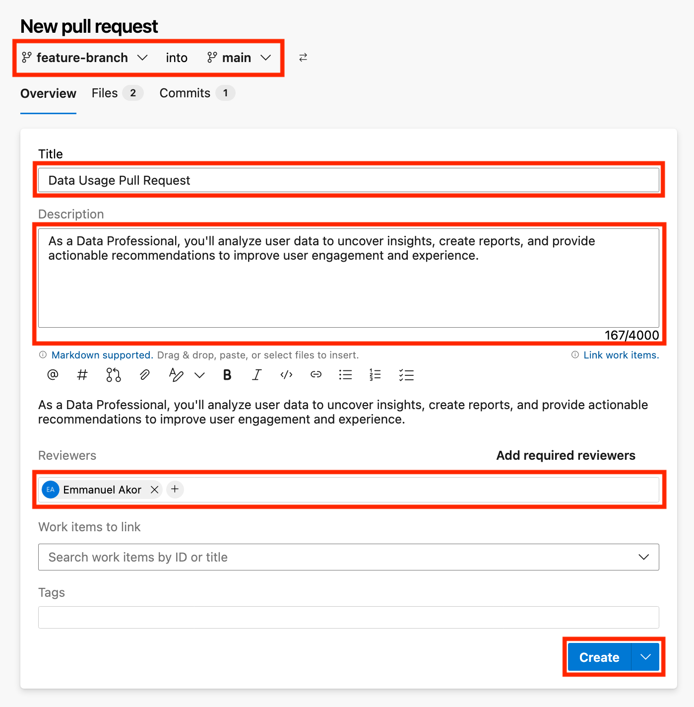 Creating a Pull Request in Azure DevOps:

Create the Pull Request: Push your feature branch, go to Pull Requests, click on New Pull Request. Choose source (e.g., feature-branch) and target (e.g., main) branches.

Describe the Pull Request: Clearly explain the changes to help reviewers understand.

Request Reviews: Add team reviewers to check the code.

Approve and Merge: Once approved, click Complete to merge into the main branch.
