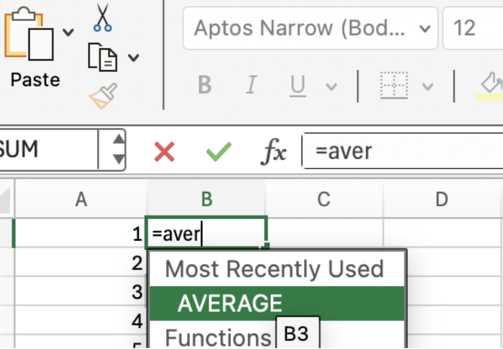 AVERAGE function in Excel autocomplete