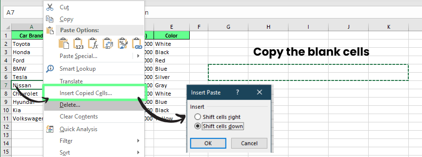 Einfügen mehrerer Zeilen mit der Kopieren-Einfügen-Methode in Excel.