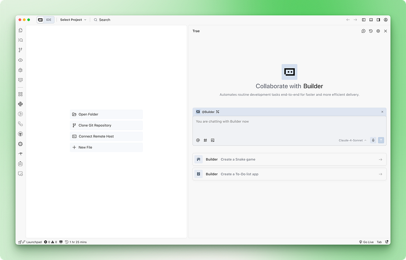 Interface Trae AI Builder présentant la disposition claire et moderne de l'IDE avec une barre latérale de discussion, un éditeur de code et une intégration du terminal, démontrant l'expérience utilisateur optimisée par rapport aux environnements de codage traditionnels.