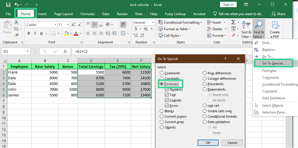 Bloquear las celdas de fórmulas en Excel.