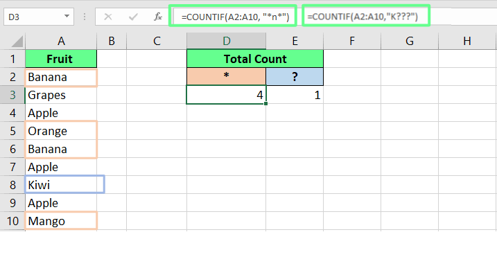 Using wildcard technique in COUNTIF() function in Excel.