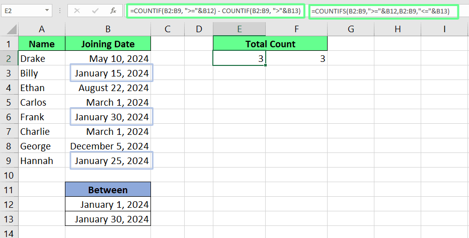 Use COUNTIF() for two conditions in Excel.