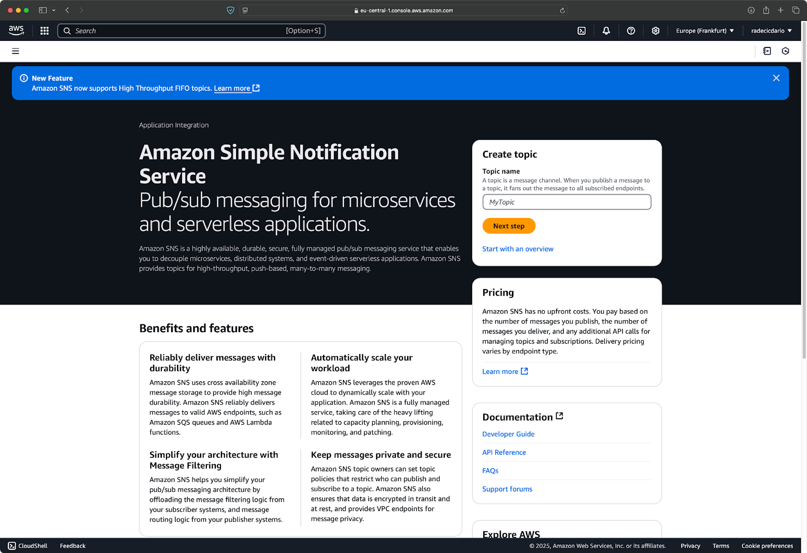 Image 1 - AWS SNS service page