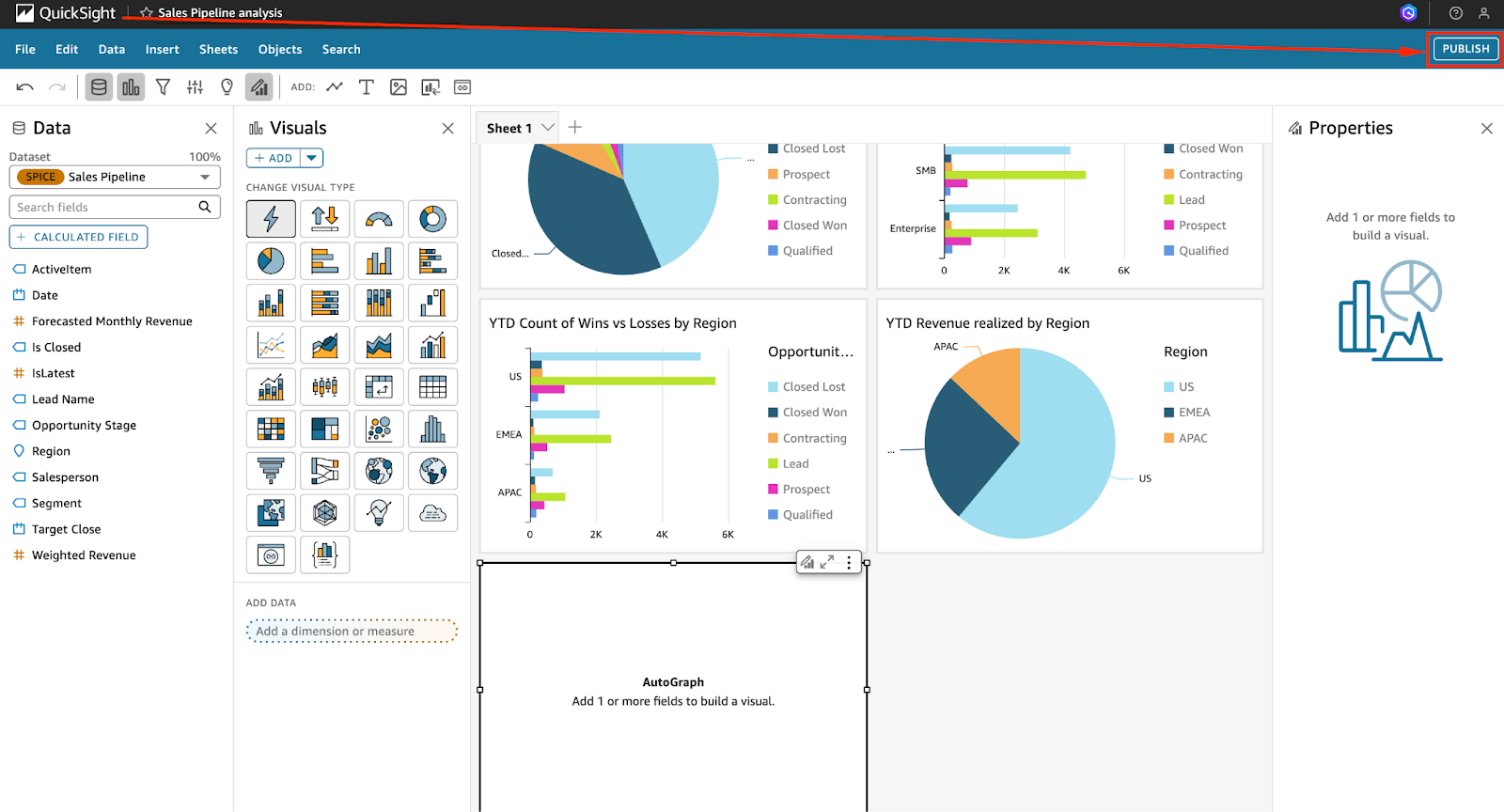 Capture d'écran de la console QuickSight montrant l'option de publication d'un tableau de bord (partie 01).