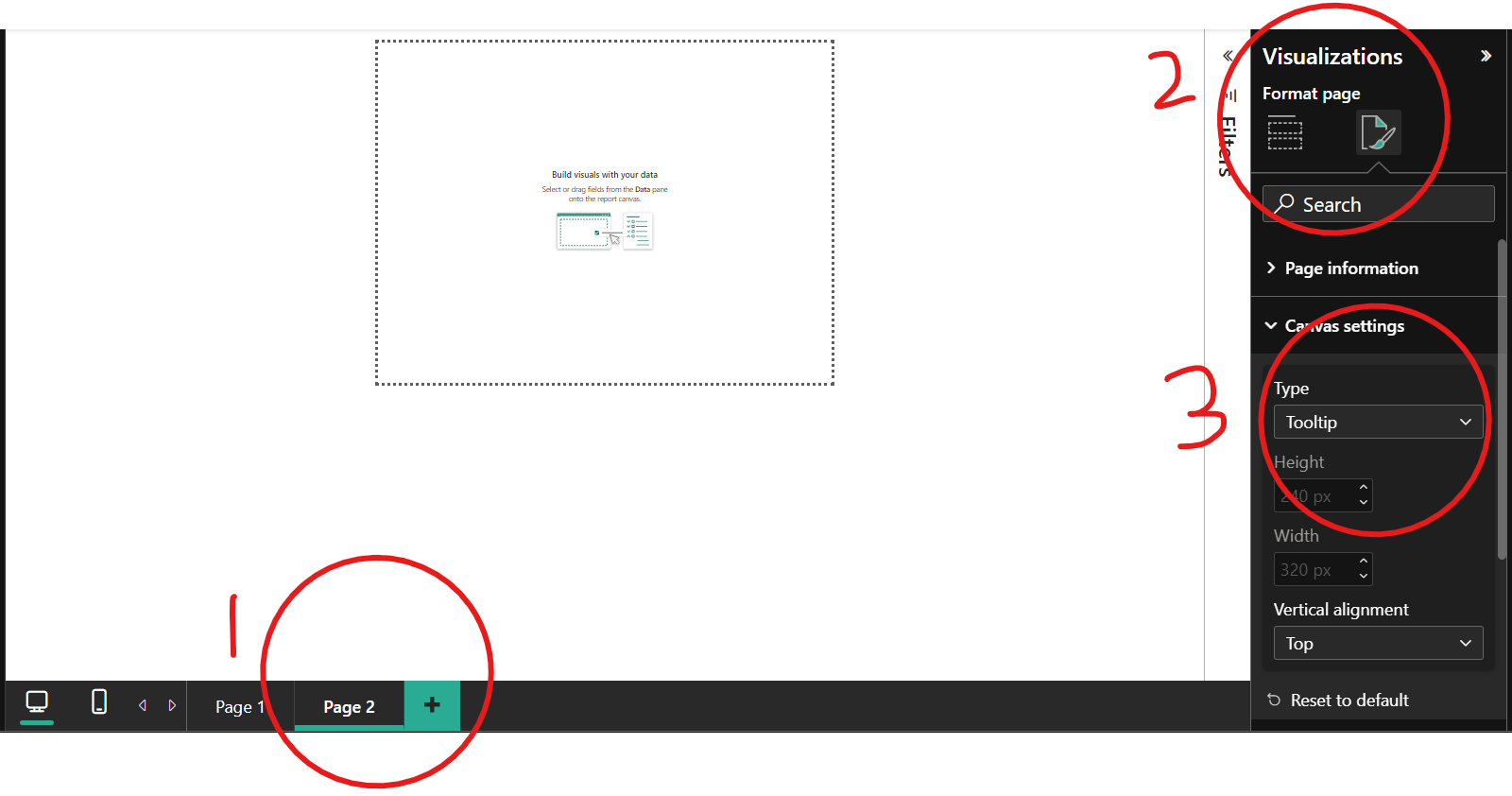 Image montrant les étapes de création d'une page d'infobulles Power BI.
