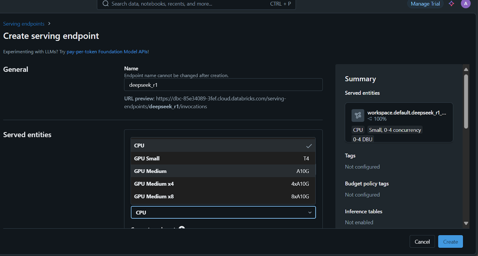Selecionando a CPU e a GPU para o endpoint de serviço.