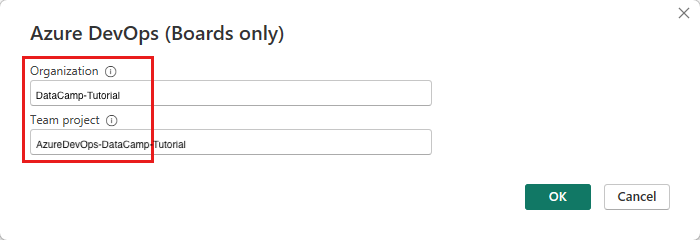 Enter your account details to sync your data:

Provide your Organization and Team project names.

This helps ensure your data is accurately synced within Azure DevOps.