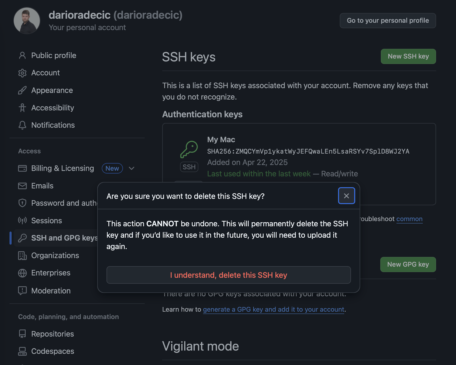 Image 16 - Confirmation de la suppression de la clé sur GitHub