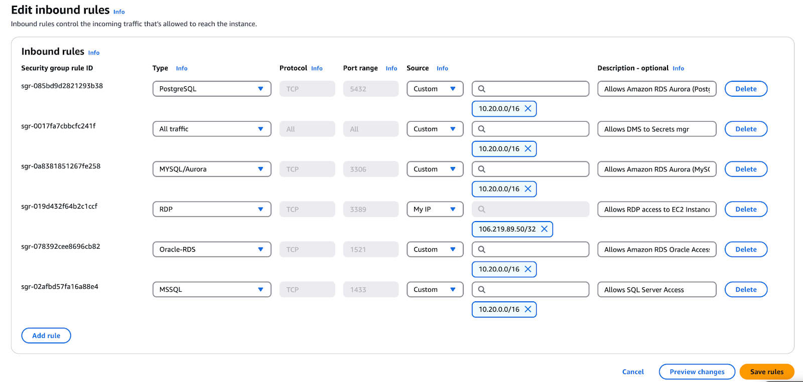 Página de configuración del grupo de seguridad de AWS que muestra las reglas de entrada para el acceso a la base de datos y al RDP.