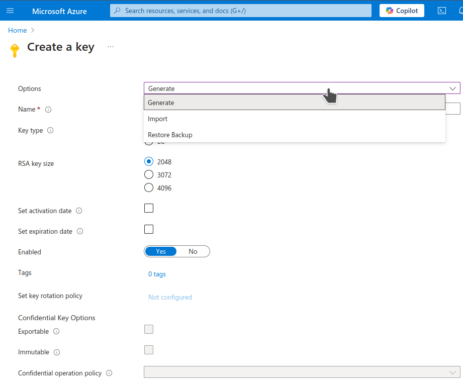 Azure key vault create new key