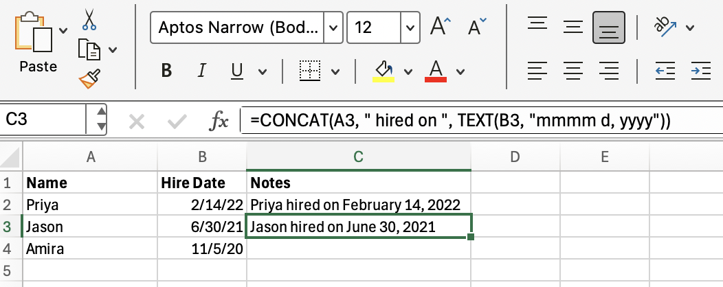Manipulação de números e datas com o CONCAT do Excel