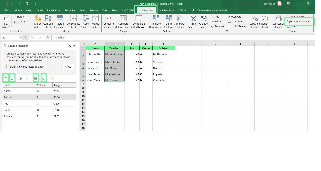 Move columns using Column Manager in Excel.