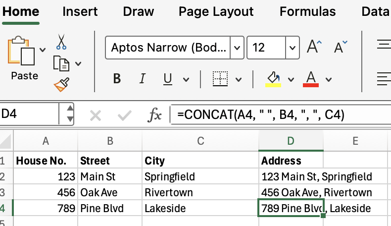 Mesclando elementos de endereço usando o CONCAT do Excel