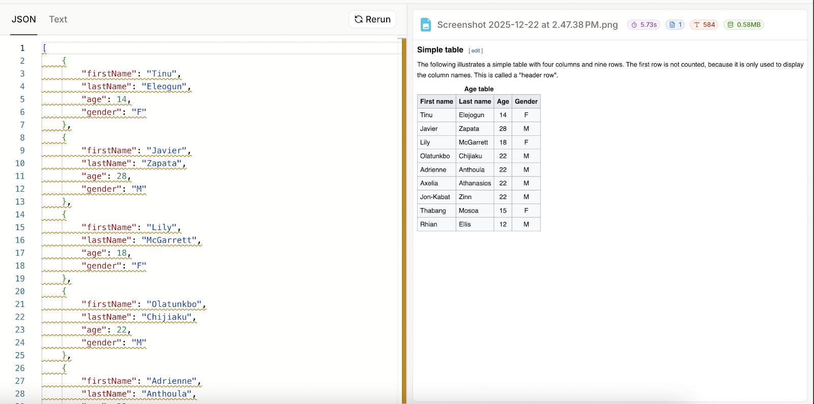 JSON parsing result example.