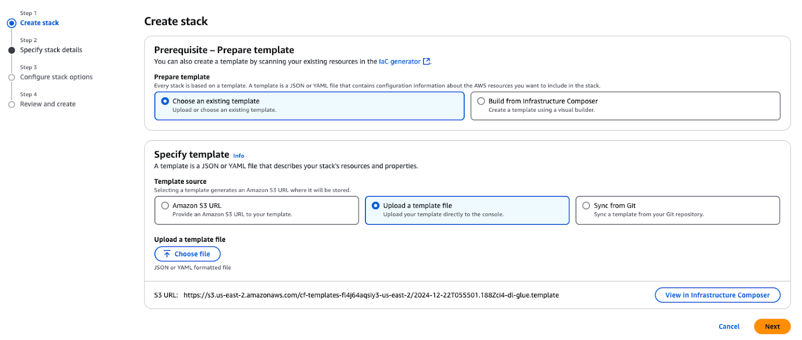 Capture d'écran de la page "Create Stack" d'AWS CloudFormation montrant les options de préparation et de spécification d'un modèle, y compris le téléchargement d'un fichier de modèle ou la sélection d'autres sources.