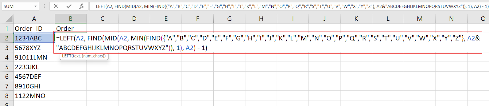 Extraer números del principio de una cadena en Excel.