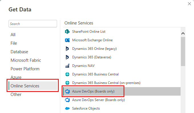 Create custom dashboards using Power BI:

Use the Power BI Data Connector.

Navigate to Power BI Online and log in to your account.

Click the Home icon in the top left corner, then select Get Data from the ribbon.

In the Get Data window, select Online Services > Azure DevOps (Boards only) as your data connector.

This step-by-step process helps you efficiently create custom dashboards and visualize your data in Power BI.