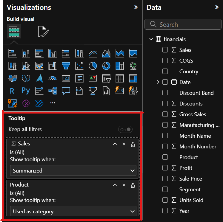 Image montrant comment configurer les infobulles de Power BI