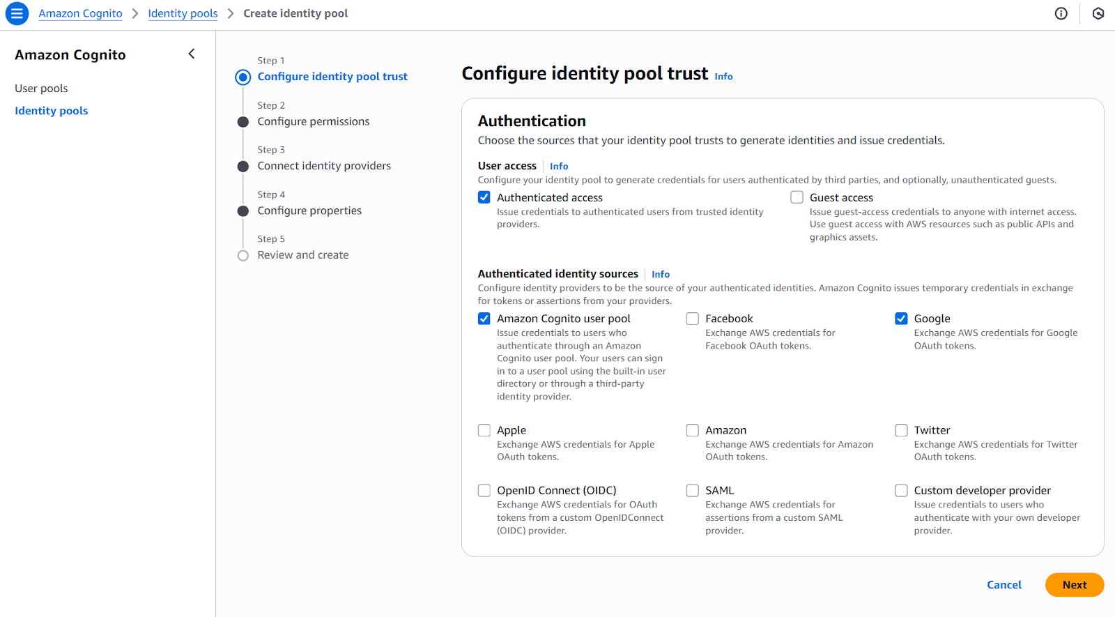 Configuration des pools d'identités AWS Cognito