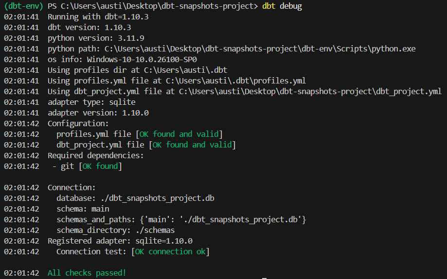 dbt-Debug-Ausgabe