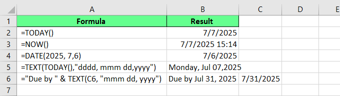 formules intégrées liées à la date dans Excel.